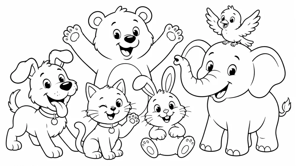 Gambar garis hitam putih beberapa hewan kartun tanpa arsiran di atas latar putih