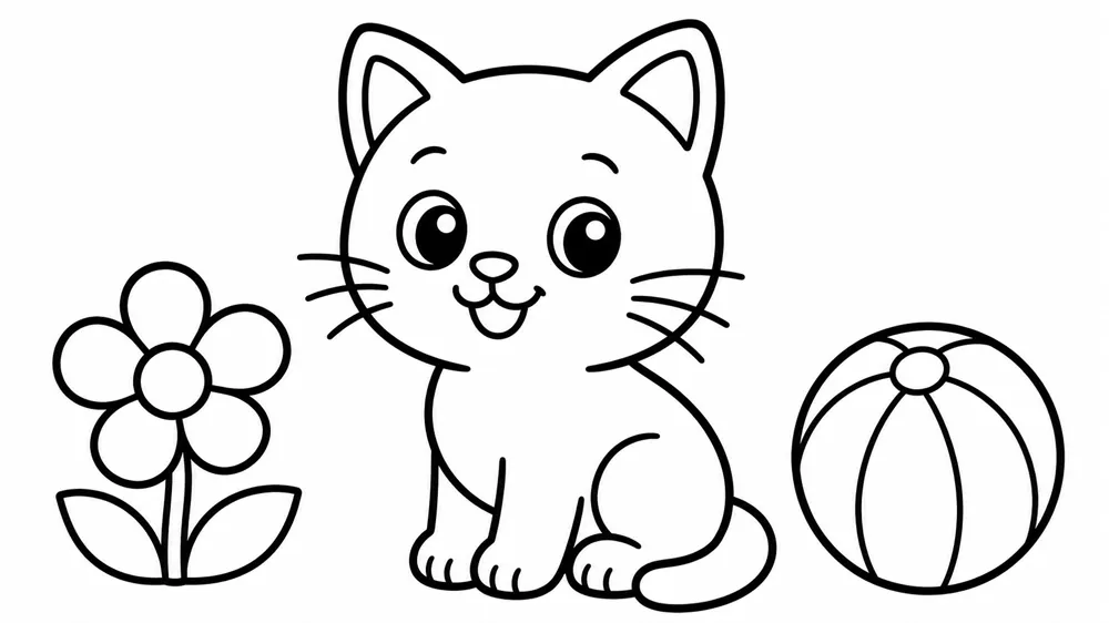 Halaman mewarnai berisi kucing kartun dengan garis tebal dan bidang kosong yang lebar