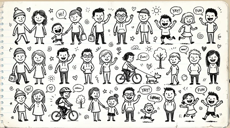 Gambar kartun orang gaya doodle simpel dengan berbagai pose dan ekspresi