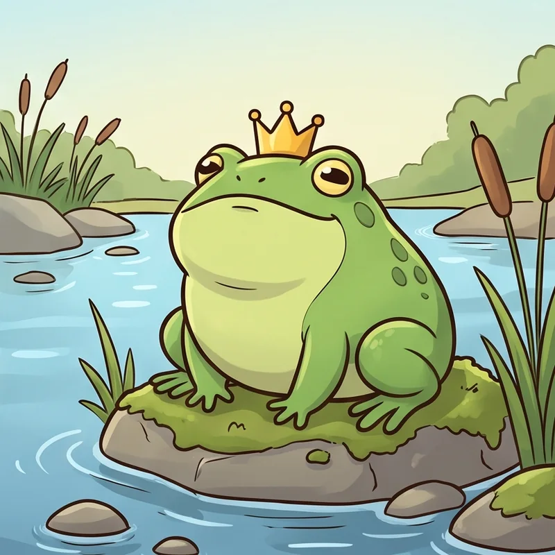 Katak gendut bermahkota emas kecil duduk di batu berlumut di tepi kolam