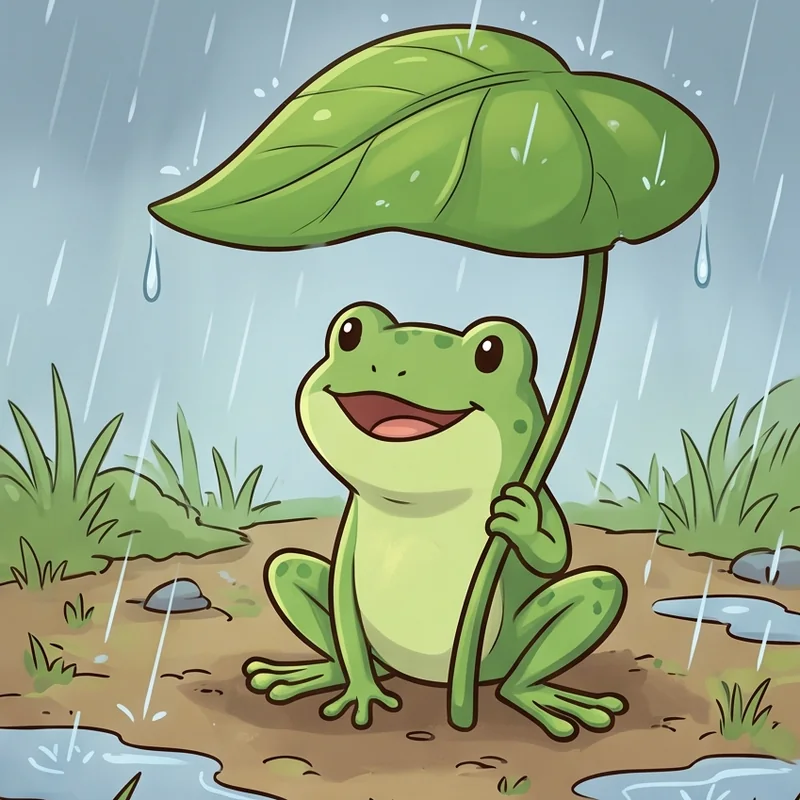 Katak hijau tersenyum memegang daun lebar sebagai payung di tengah hujan