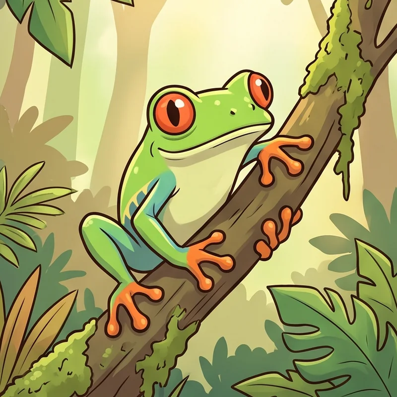 Katak pohon hijau bermata merah dengan jari oranye memeluk batang berlumut di hutan