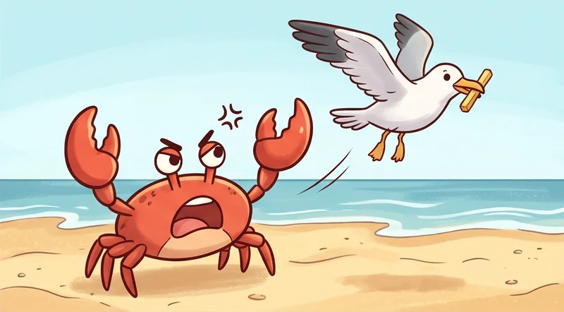 Kepiting merah mengangkat dua capit dengan wajah kesal ke arah burung camar yang terbang membawa camilan