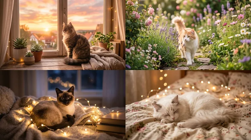 Koleksi gambar kucing aesthetic untuk PP WA: kucing di jendela hujan, kucing dengan bunga, kucing aesthetic minimalis