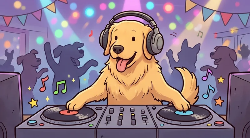 Anjing golden memakai headphone memutar piringan di meja DJ dengan lampu pesta warna-warni