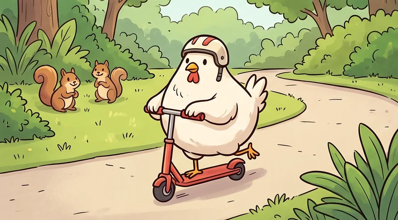 Ayam putih gemuk berhelm mengendarai skuter merah di jalan taman sambil ditonton dua tupai