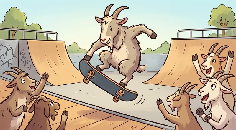 Kambing melakukan trik skateboard di arena skate sementara kambing lain bersorak