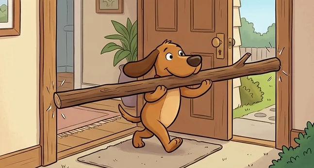 Gambar lucu tanpa tulisan anjing menggigit ranting panjang yang tersangkut di kusen pintu