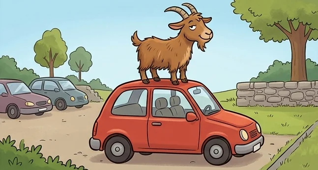 Gambar lucu tanpa tulisan kambing berdiri santai di atap mobil merah yang diparkir