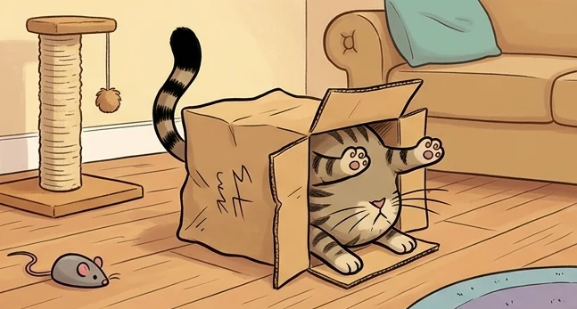 Gambar lucu tanpa tulisan kucing belang memaksa masuk ke kardus yang terlalu kecil sampai kaki dan ekornya mencuat