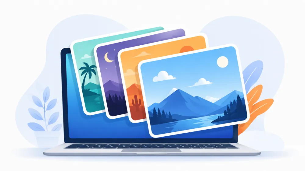 Ilustrasi datar berbagai berkas gambar yang melayang di atas layar laptop