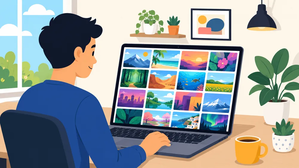 Ilustrasi seseorang menelusuri galeri gambar berwarna-warni di layar laptop