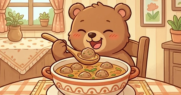 Gambar makan lucu beruang cokelat tertawa sambil menyendok bakso dari mangkuk besar