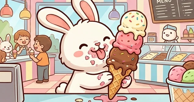 Gambar makan lucu kelinci putih menjilat es krim tiga tingkat yang meleleh di kedai es krim