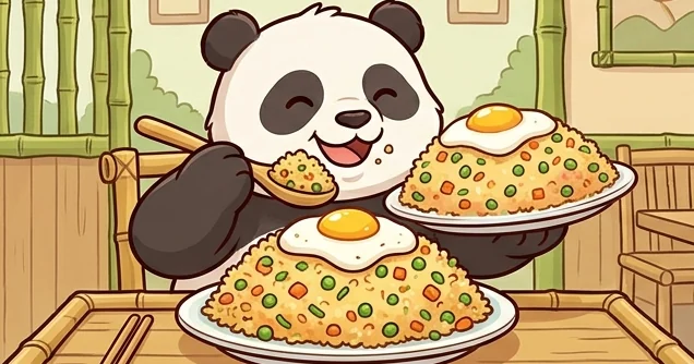 Gambar makan lucu panda menyuap nasi goreng telur mata sapi dari dua piring besar