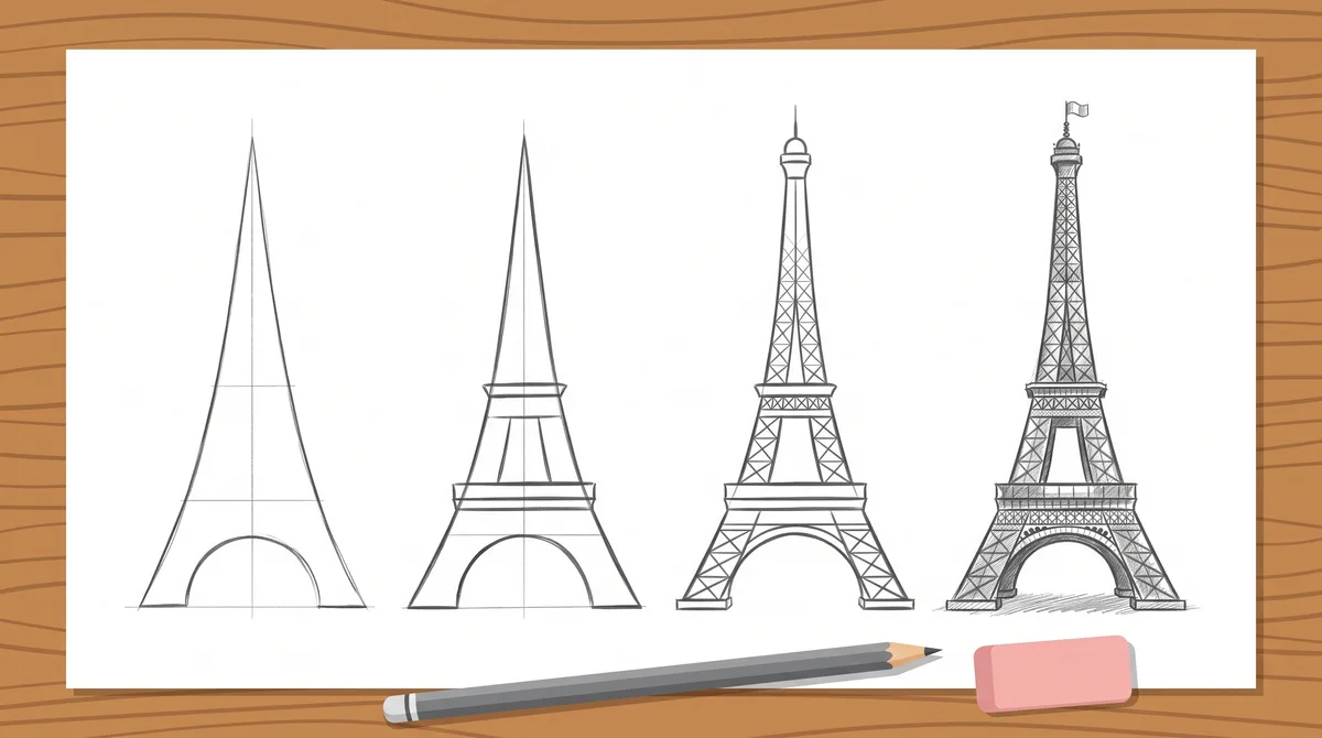 Ilustrasi empat tahap sketsa menara kisi bergaya Menara Eiffel dari segitiga panduan sampai sketsa jadi