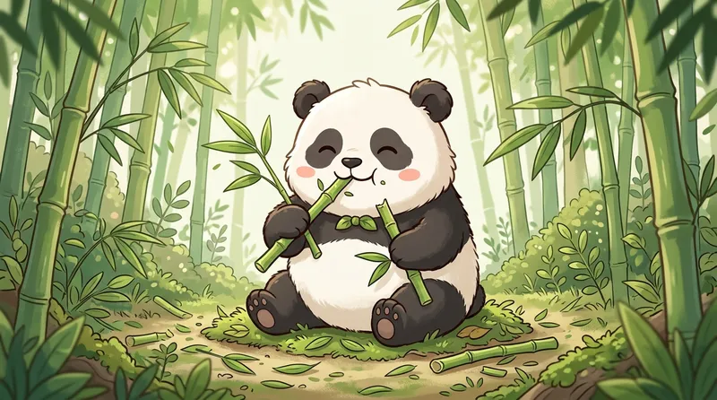 Gambar panda lucu sedang makan bambu dengan ekspresi puas dan gemas