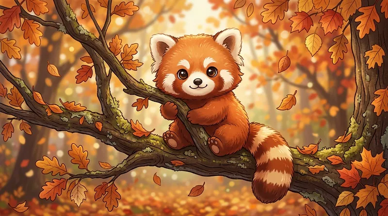 Gambar panda merah lucu dengan bulu oranye dan wajah menggemaskan di atas pohon