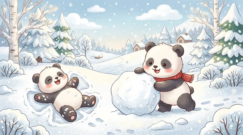 Gambar panda lucu bermain dan berguling di salju dengan gembira