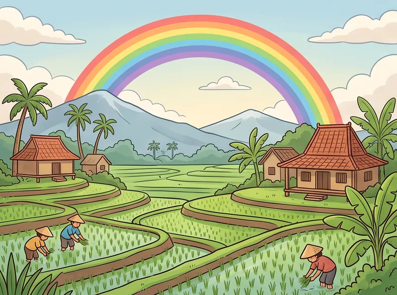 Pelangi melengkung di atas desa dengan rumah beratap genteng, gunung, dan petani bercaping di sawah terasering