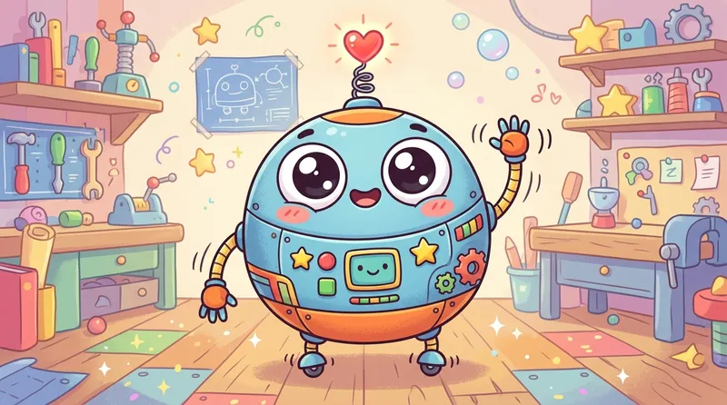 Gambar robot kartun lucu dengan warna cerah dan ekspresi menggemaskan