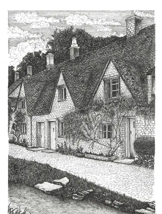 Gambar rumah sketsa tinta deretan pondok batu Arlington Row di Bibury, Inggris