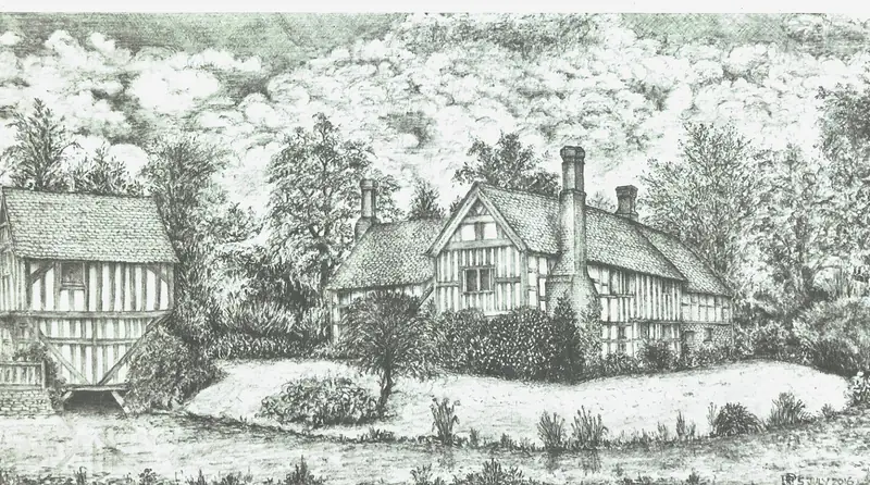 Gambar rumah sketsa pensil Brockhampton Manor berangka kayu dengan pepohonan dan kolam