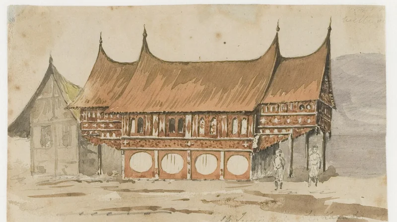 Gambar rumah sketsa rumah adat Minangkabau beratap gonjong di Singkarak tahun 1846