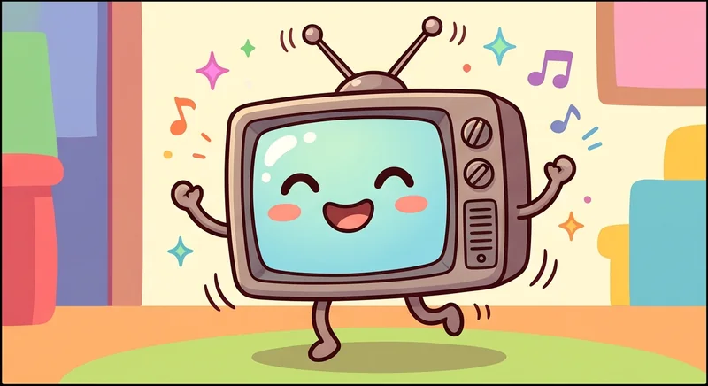 Karakter televisi kartun bertangan dan berkaki kecil sedang berjoget dengan layar menampilkan wajah tersenyum