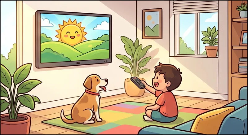 TV layar datar di dinding ruangan terang, anak memegang remote dan anjing ikut menonton layar bergambar matahari di atas bukit hijau