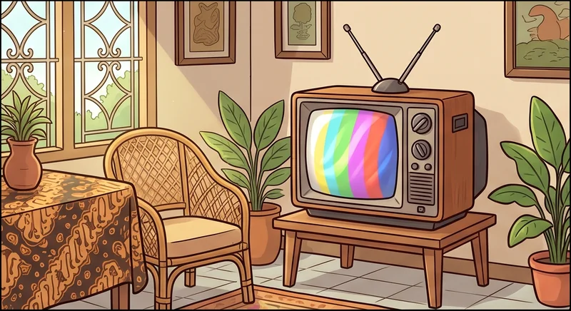 TV tabung kotak berbingkai kayu dengan dua antena kelinci di atas meja kecil di ruang tamu, layar menampilkan garis warna-warni