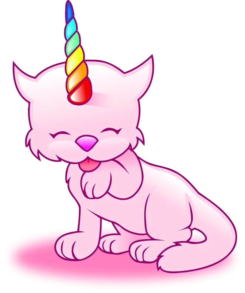 Gambaran kucing lucu berwarna merah muda dengan tanduk unicorn pelangi