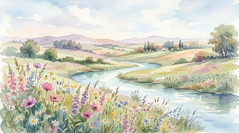 Gambar pemandangan yang indah dengan cat air teknik wet-on-wet yang menghasilkan efek dreamy