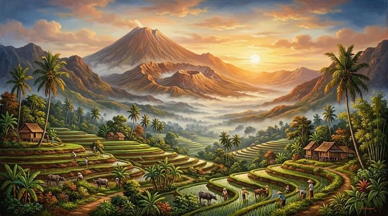Gambaran pemandangan yang indah berupa gunung dengan awan dramatik dan lembah hijau