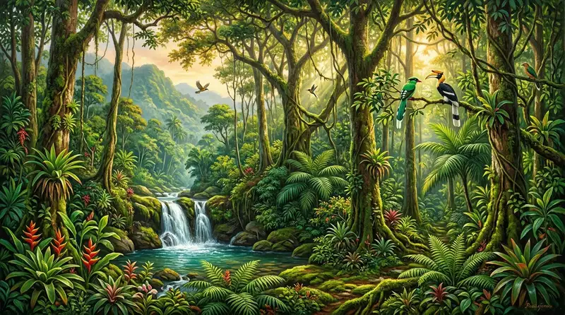 Gambaran pemandangan yang indah berupa hutan dengan sinar matahari tersaring dedaunan