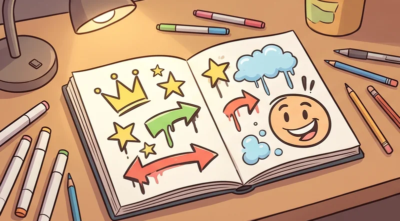 Buku sketsa terbuka berisi gambar spidol elemen grafiti: mahkota, bintang, panah bertetesan cat, awan, dan wajah kartun
