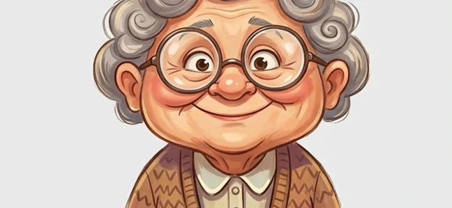 Karikatur lucu nenek berambut keriting abu-abu dengan kacamata bulat besar dan senyum lebar