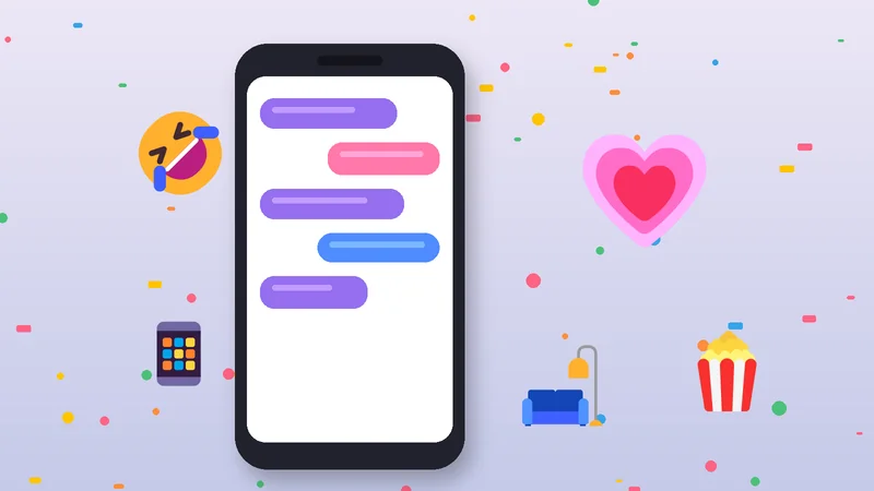 Ilustrasi ponsel dengan gelembung chat, hati merah muda, popcorn, sofa, dan emoji tertawa