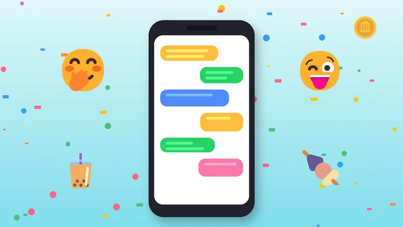 Ilustrasi ponsel dengan gelembung chat kosong, emoji tertawa, sate, dan segelas es boba
