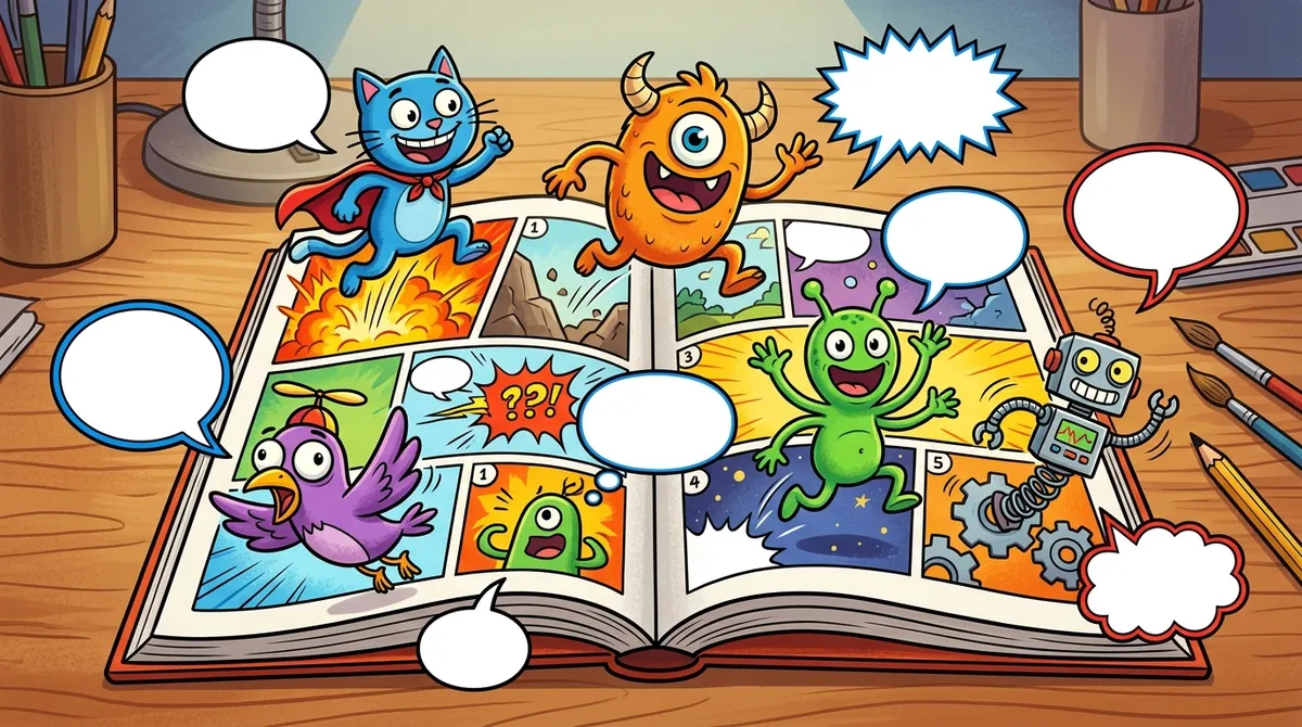 Ilustrasi buku komik lucu dengan karakter kocak melompat keluar dari panel