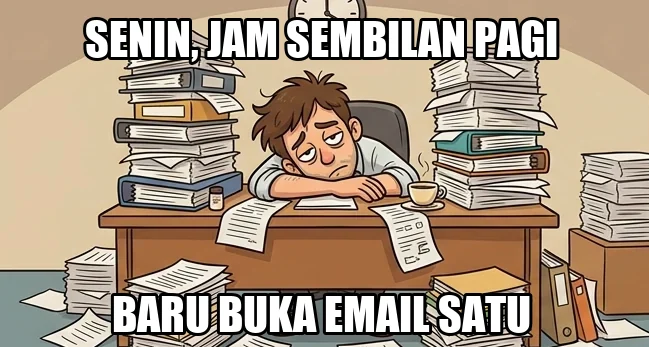 Meme kerja lucu karyawan lemas di meja penuh tumpukan berkas dengan tulisan Senin jam sembilan pagi baru buka email satu