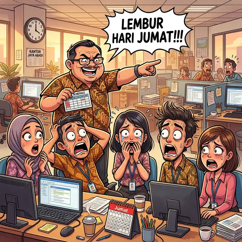 Gambar kartun lucu tentang karyawan yang disuruh lembur hari Jumat