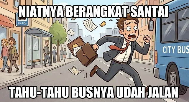 Meme lucu ngakak pria berjas mengejar bus dengan tulisan Niatnya berangkat santai tahu-tahu busnya udah jalan