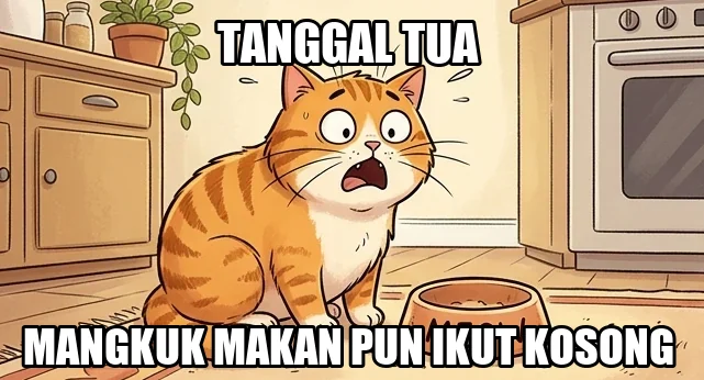 Meme lucu ngakak kucing oranye kaget melihat mangkuk makan kosong dengan tulisan Tanggal tua mangkuk makan pun ikut kosong