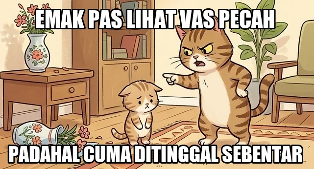 Meme lucu ngakak induk kucing memarahi anak kucing di dekat vas pecah dengan tulisan Emak pas lihat vas pecah