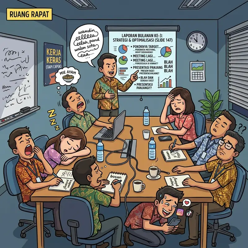 Meme lucu tentang meeting yang harusnya email, relate banget sama karyawan kantoran
