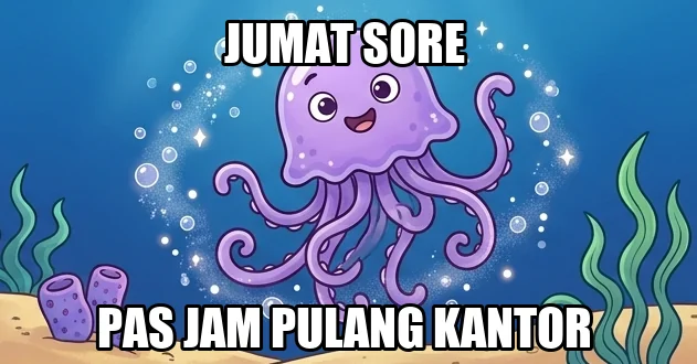 Template meme bawah laut orisinal: ubur-ubur ungu berjoget dengan tulisan Jumat sore pas jam pulang kantor