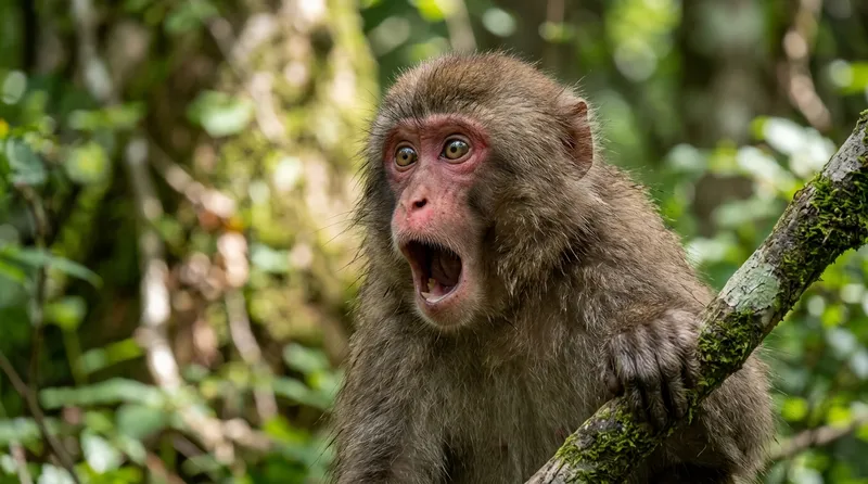 Foto monyet dengan ekspresi kaget, mulut terbuka lebar dan mata melotot yang sangat lucu