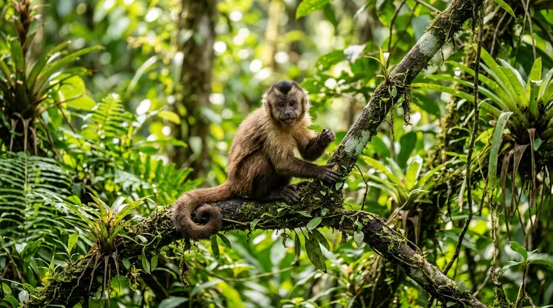 Foto monyet lucu duduk santai di alam tropis, dikelilingi dedaunan hijau dengan ekspresi menggemaskan