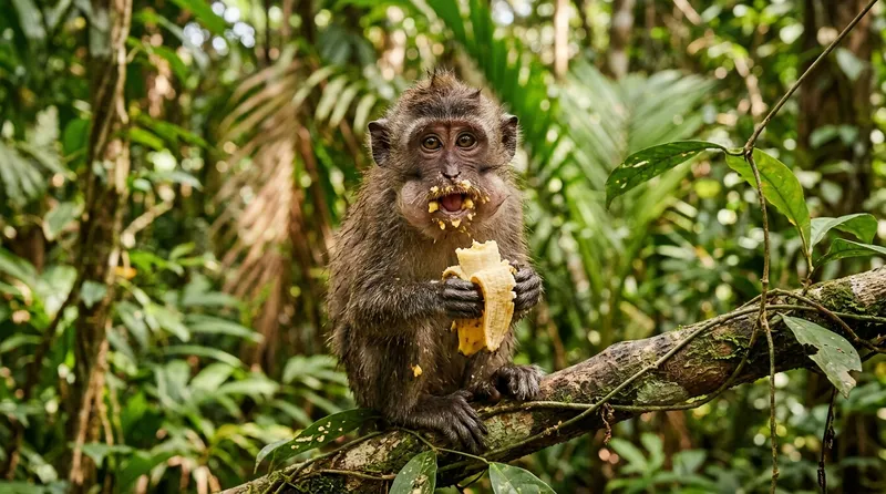 Foto monyet lucu sedang makan pisang dengan ekspresi berantakan yang menggemaskan
